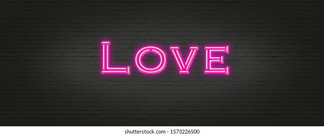 Neon sign. Neon Love sign on brick background. Design for Happy Valentine's Day. 