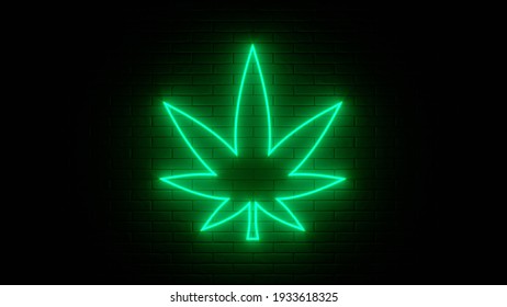 Neon Sign On A Brick Wall. Cannabis Weed Marijuana Leaf Icon. Abstract Background, Spectrum Vibrant Colors. 3d Render Illustration.