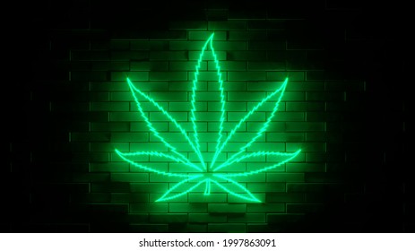 Neon Sign On A Brick Wall. Cannabis Weed Marijuana Leaf Icon. Abstract Background, Spectrum Vibrant Colors. 3d Render Illustration.