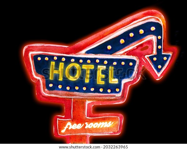 A neon sign painted with\
watercolors on a dark background. Hotel sign, vacant\
rooms.\
