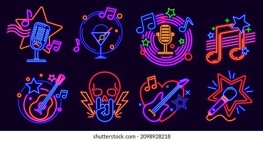 Neon signs for karaoke club and stand up comedy show. Music party night glowing logo with microphones and note. Karaoke bar event  set. Nightlife signboards with electric guitar and scull - Powered by Shutterstock