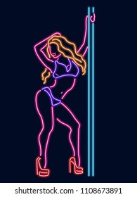 Neon silhouette of a girl at a pylon isolated on a dark background.
