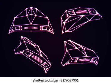 Neon Space Ships Set Of Attacking Invaders Or Defending Fighters With 80s Retro Arcade Game Style And Laser Geometric Contour