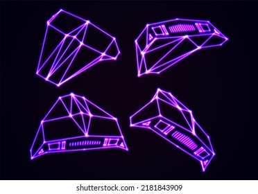 Neon Space Ships Set Of Attacking Invaders Or Defending Fighters With 80s Retro Arcade Game Style And Laser Geometric Contour