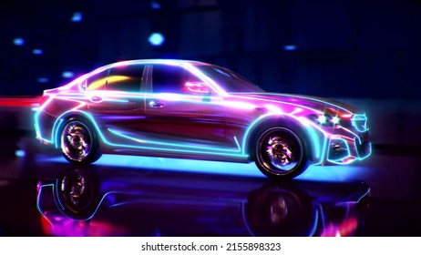 A Neon Sports Car Drives Down A Night Road. 3D Rendering.