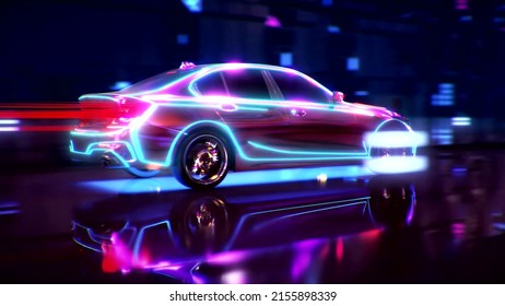 A Neon Sports Car Drives Down A Night Road. 3D Rendering.