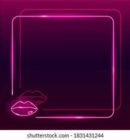 Neon square frame and lips icon dark purple gradient background  Square textplace template  Beauty  make  up concept  Night signboard style  Illustration 