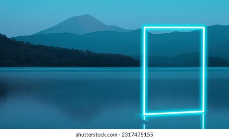 a neon square hovering over the middle of a lake with mountain in the back in a minimalistic setting