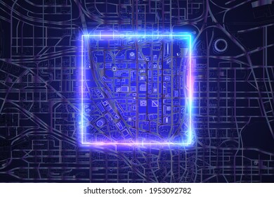 Neon Square Over Dark City Top View. 3d Rendering