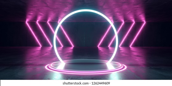 Neon Stage Showroom Concept Dark Sci Fi Alien Grunge Concrete Room  And Abstract Pink Blue Purple Abstract Led Laser Neon Glowing Light Cirlce Shaped Lights Background 3D Rendering Illustration