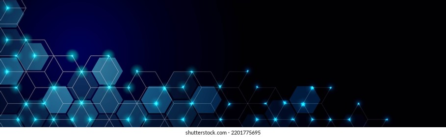 Neon Technology Background. Pattern Connecting Lines, Dot, Hexagon. Glow Stars. Design Chaotic Communication Network. Banner Presentations, Logo, Business, Social Networks.