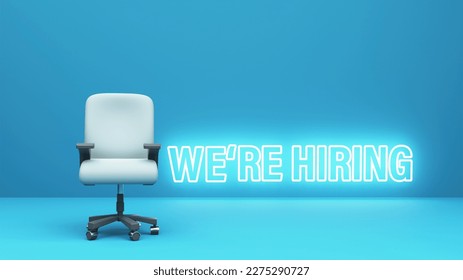 Neon Text of We're Hiring And Realistic Vacant Office Chair On Blue Background. 3D Render. - Powered by Shutterstock