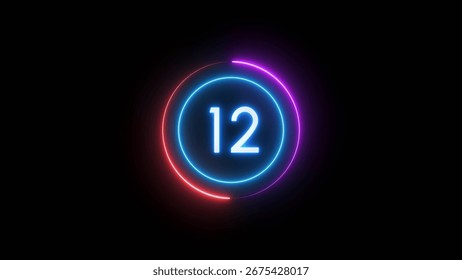 Neon timer number. Countdown timer 12 seconds illustration.
