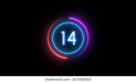 Neon timer number. Countdown timer 14 seconds illustration.