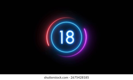 Neon timer number. Countdown timer 18 seconds illustration.