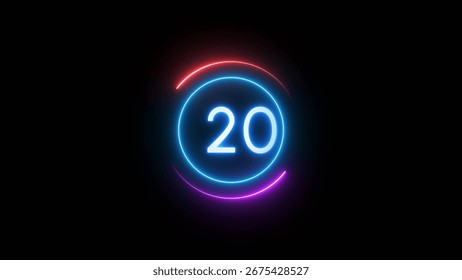 Neon timer number. Countdown timer 20 seconds illustration.
