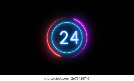 Neon timer number. Countdown timer 24 seconds illustration.