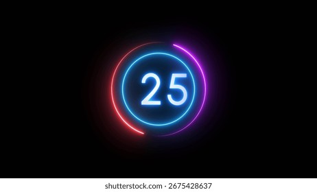 Neon timer number. Countdown timer 25 seconds illustration.