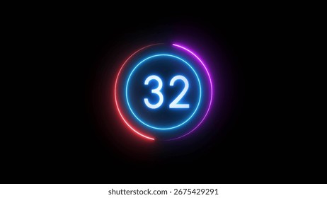 Neon timer number. Countdown timer 32 seconds illustration.