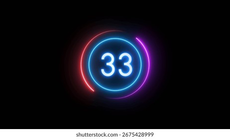Neon timer number. Countdown timer 33 seconds illustration.