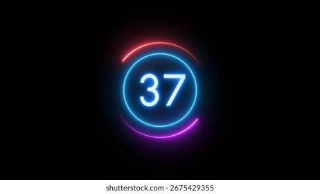Neon timer number. Countdown timer 37 seconds illustration.