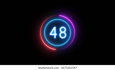 Neon timer number. Countdown timer 48 seconds illustration.