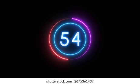 Neon timer number. Countdown timer 54 seconds illustration.