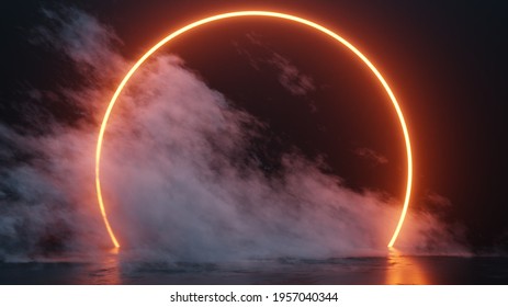 Neon Tube Circle With Smoke Background. 3D Illustration