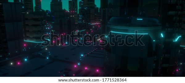 ネオン都市の未来 未来的な街の夜 サイバーパンクスタイルの壁紙 明るいネオンライトと巨大な未来的な建物を持つ産業景観 3dイラスト のイラスト素材