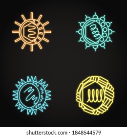 Neon Virus Cell Icons Collection In Line Style. Symbols Of Polio Virus, Varicella Zoster, Rhinovirus And Flavivirus.