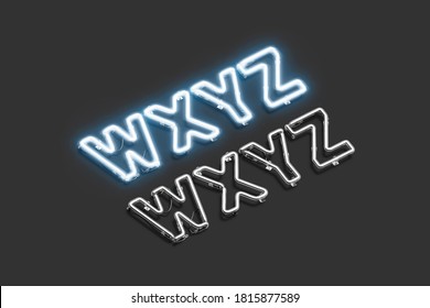 Neon W X Y Z Symbols, Ultraviolet Font Mockup, 3d Rendering. Electricity Glowing Typeface With Capital Symbol. Retro Led Alphabet For Night Banner Or Backlight Emblem Template.