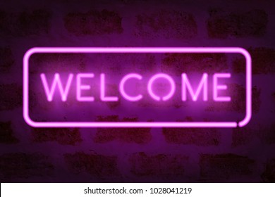 Neon welcome glowing sign on the brick wall. Raster version