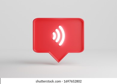 Neon Wifi Signal Symbol. Red Pin Chat Box Isolated Over A White Background.  3d Render Neon Sings.