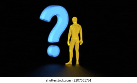 Neon Yellow Abstract Man Standing Near Blue Neon Question Mark. Mental Health Concept. 3D Render