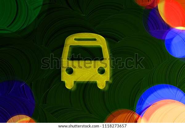 Neon Yellow Bus Icon on the Deep Green\
Background With Colorful Circles. 3D Illustration of Yellow Bus,\
Coach, Vehicle Icon Set on the Green\
Background.