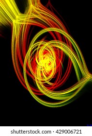 Neon Yellow Green Red Spiral Twirl Twist Circle Oval Tear Drop Black Background Backdrop Bright Vivid Interesting Intricate 