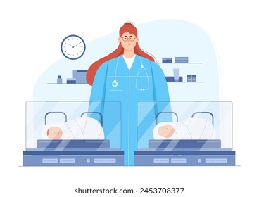 Neonatal hospital illustration. Cartoon neonatologist standing near newborn baby incubator with infant kids, doctor pediatrician examining small boys and girls. Neonatology, childcare concept - Powered by Shutterstock