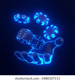 A neon-lit hand juggling dice and poker chips, symbolizing gambling and luck, on a dark background. 3D render illustration - Powered by Shutterstock