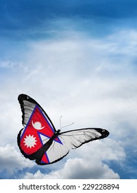 Nepal flag butterfly flying on sky background