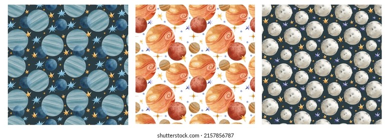 Neptune, Uranus, Moon And Mars Planets Watercolor Seamless Patterns Set	