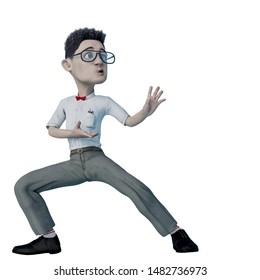 Nerd Cartoon Doing A Kung Fu Pose. This Smart Boy In Clipping Path Is Very Useful For Yours Funny Graphic Design Creations, 3d Illustration