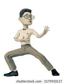 Nerd Cartoon Doing A Kung Fu Pose. This Smart Boy In Clipping Path Is Very Useful For Yours Funny Graphic Design Creations, 3d Illustration