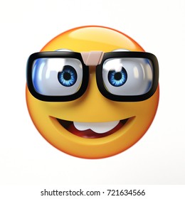 Nerd Emoji Isolated On White Background, Emoticon With Glasses 3d Rendering