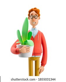 Nerd Larry With Home Plant. 3d Illustration.