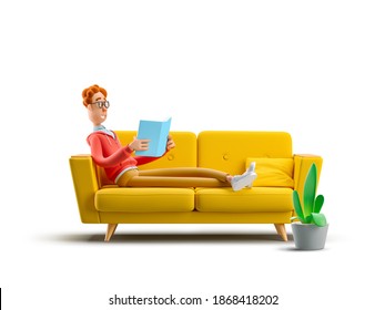 Nerd Larry reading a book on the couch . 3d illustration.