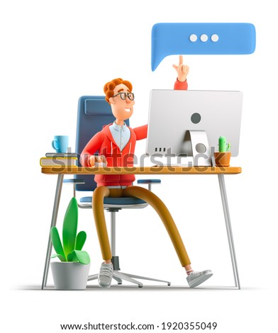 Nerd Larry sits at the table with a computer. 3d illustration. Social media concept.