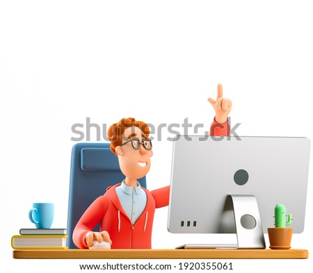 Nerd Larry sits at the table with a computer. 3d illustration.