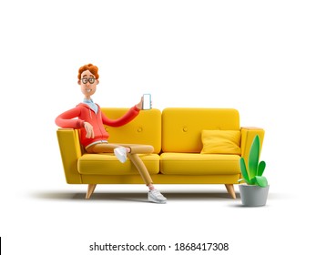 Nerd Larry Sitting On The Couch With The Phone. 3d Illustration.