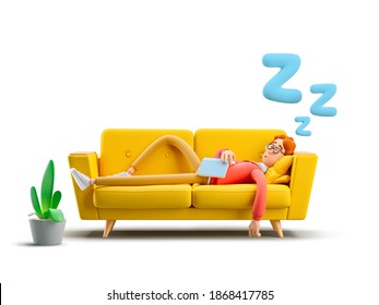 Nerd Larry Sleeping On A Yellow Sofa. 3d Illustration.