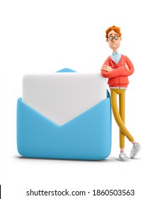 Nerd Larry Standing Next To A Large Mail. 3d Illustration.